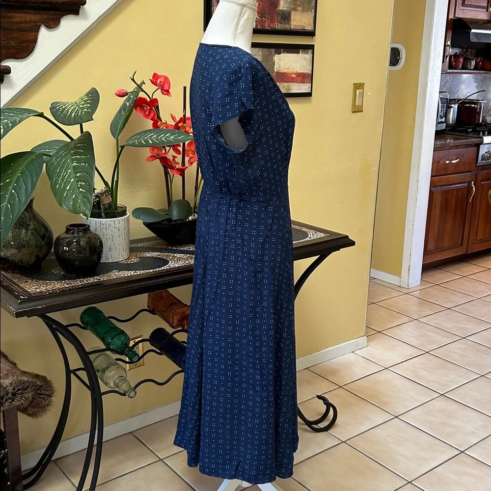 Gap Women’s Navy Blue Dot Print Short Sleeve Full Maxi Wrap Dress Tie Waist Med - Picture 6 of 16